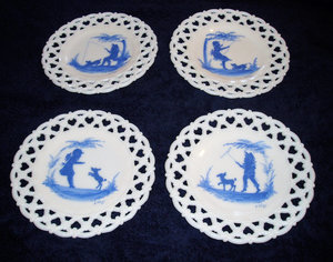 The Only Four in the World!  Mary Gregory Blue on White Plates, Westmoreland Glass