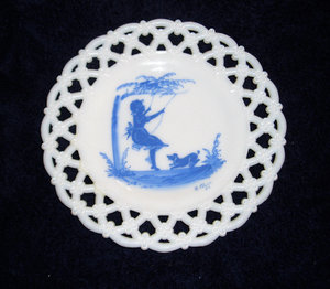 The Only Four in the World!  Mary Gregory Blue on White Plates, Westmoreland Glass