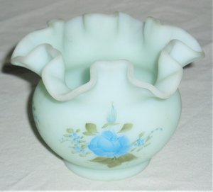 Fenton Rose Bowl, Blue Roses on Blue Satin Glass, 1978-83