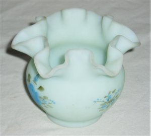 Fenton Rose Bowl, Blue Roses on Blue Satin Glass, 1978-83
