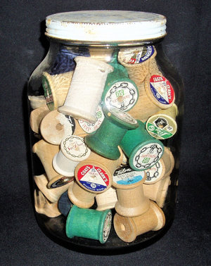 Vintage Glass Jar of Spools, Gallon Size, Metal Lid