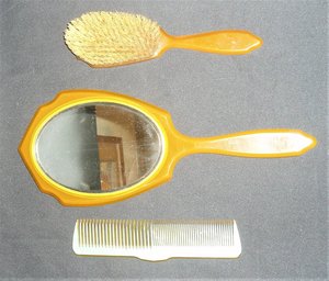 Vintage Vanity Set, Brush, Comb, Mirror, Butterscotch Lucite