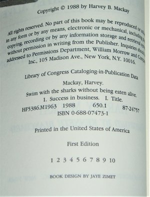 First Edition Book, Swim With The Sharks, Harvey Mackay, Business Strategy