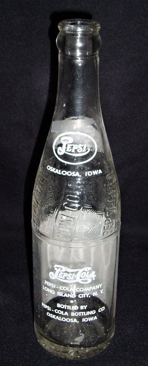 Pepsi-Cola Bottle, Oskaloosa, Iowa, Red White Blue, 1940's