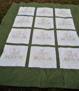 Vintage Quilt Handsewn Handstitched, Embroidered Doe/Fawn Panels