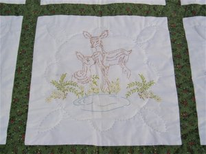 Vintage Quilt Handsewn Handstitched, Embroidered Doe/Fawn Panels