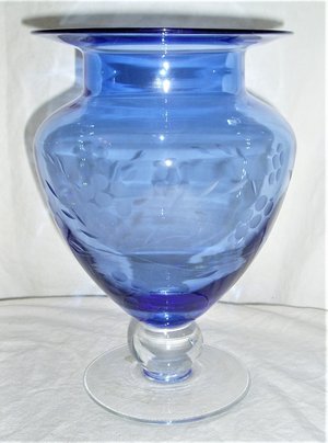 Tiffin Glass Co. Etched Vase, FTD Sticker, Blue