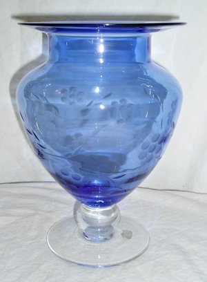 Tiffin Glass Co. Etched Vase, FTD Sticker, Blue