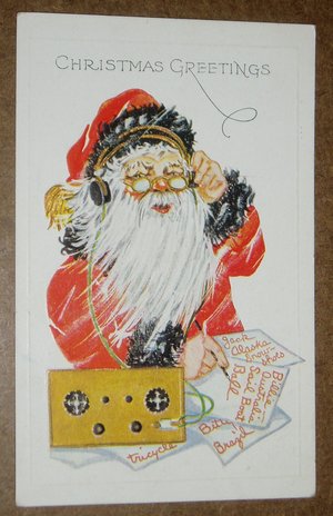 Postcard, Santa with Earphones, Writing Lists