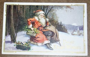 Postcard, Santa Sitting by Edge of Woods