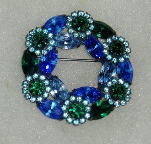 Vintage Weiss Pin Brooch, Signed, Blue-Green-White