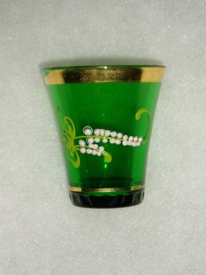 Vintage Decanter Shot Glass Drinking Set, Italian Enameled Gilded Glass