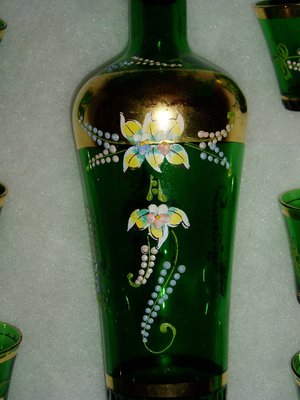 Vintage Decanter Shot Glass Drinking Set, Italian Enameled Gilded Glass