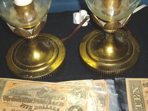 Art Deco Fireplace Mantle Lamps, Brass Tulip and Etched Glass