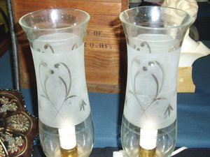 Art Deco Fireplace Mantle Lamps, Brass Tulip and Etched Glass
