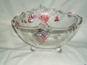 Footed Crystal Fruit Bowl, Raised Colored Fruit Accents
