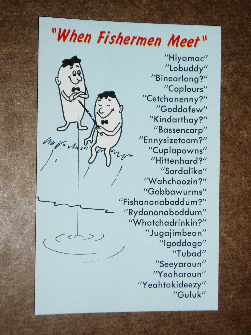 Humorous Fishing Postcard, "When Fishermen Meet"