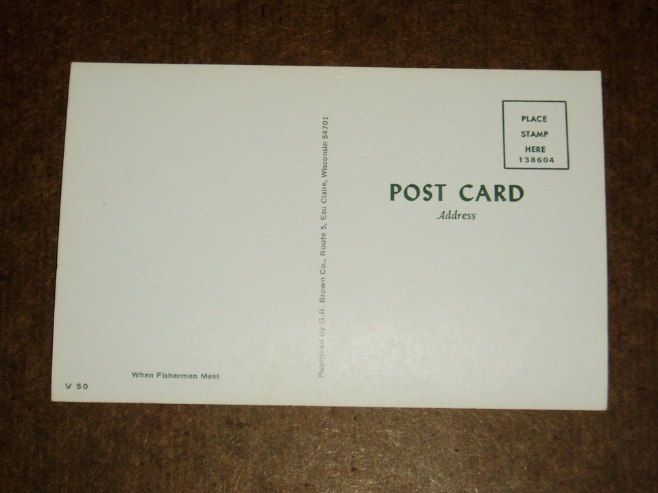 Humorous Fishing Postcard, "When Fishermen Meet"
