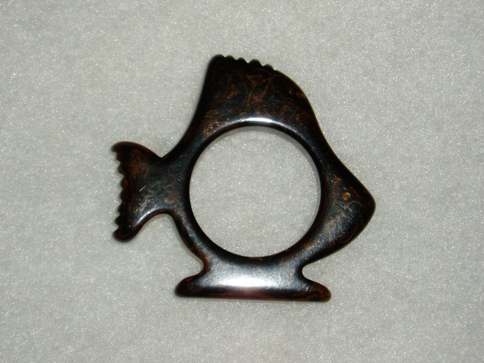 Vintage Bakelite Napkin Ring, Fish, Brown Gold Marbled, Tested