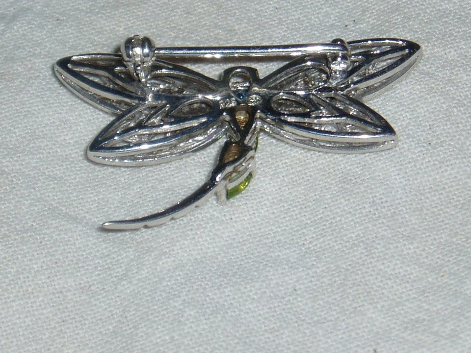 Pin Brooch, Dragonfly, Sterling Silver and Rhinestones
