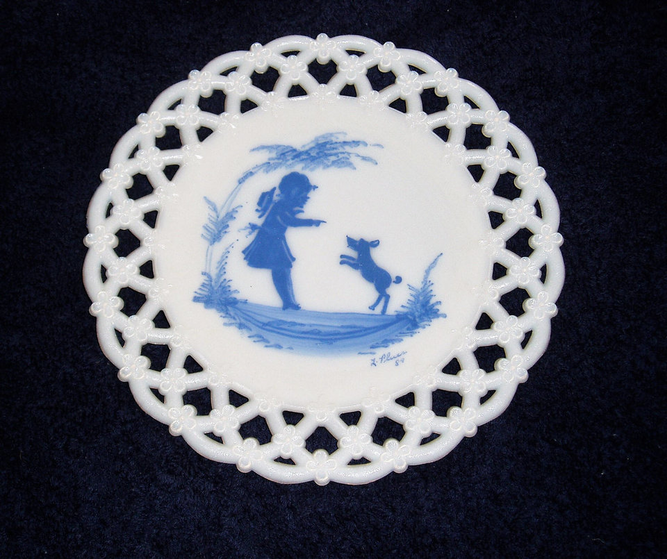 The Only Four in the World!  Mary Gregory Blue on White Plates, Westmoreland Glass