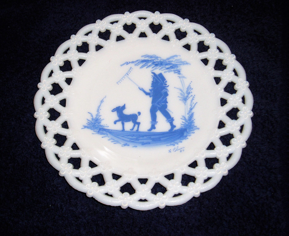 The Only Four in the World!  Mary Gregory Blue on White Plates, Westmoreland Glass