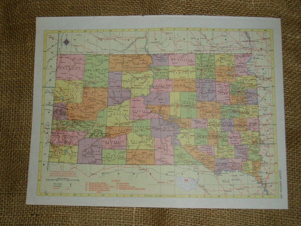 Vintage Railroad Map, South Dakota and Tennessee Rail Lines, 1950's