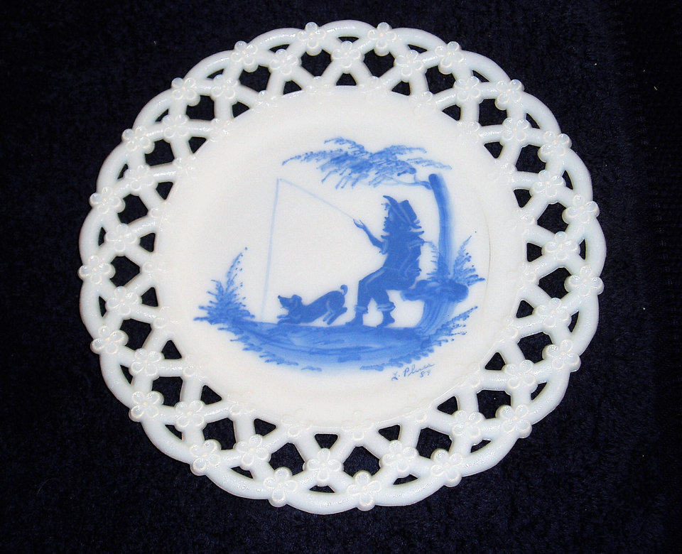 The Only Four in the World!  Mary Gregory Blue on White Plates, Westmoreland Glass