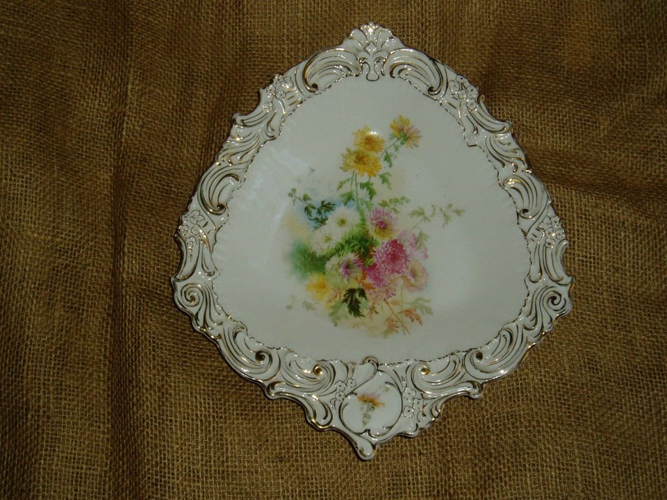 Carl Tielsch German Porcelain Bowl, Unusual Triangular Shape, Floral