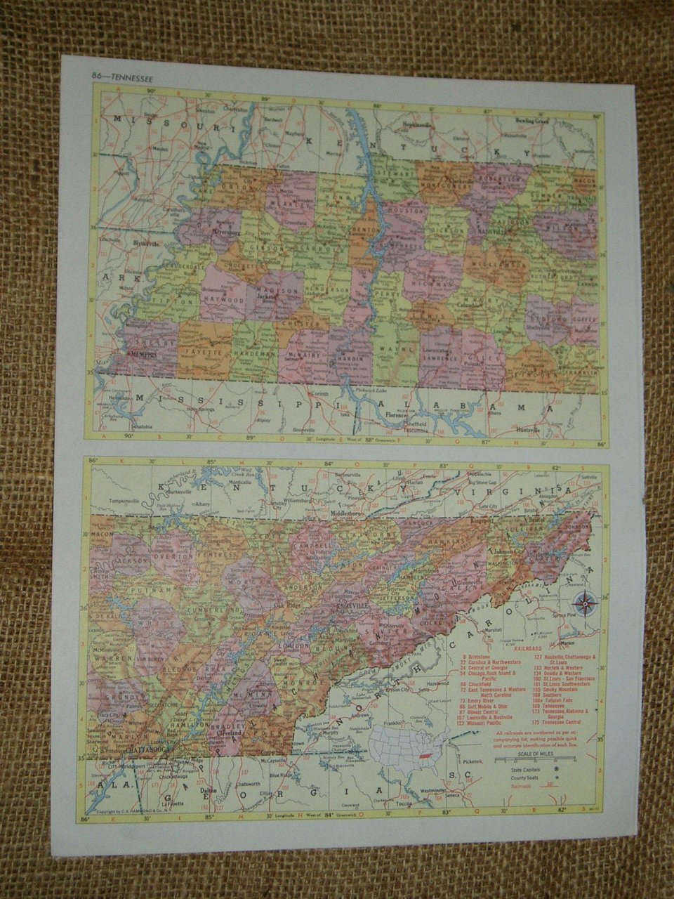Vintage Railroad Map, South Dakota and Tennessee Rail Lines, 1950's