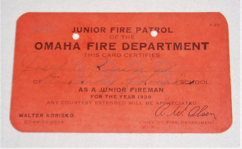 Junior Fire Patrol, Omaha Fire Department, 1939 Membership Card