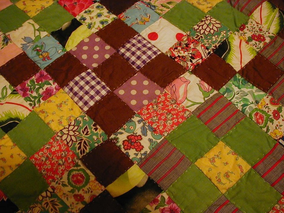 Vintage Handsewn Quilt, Yellow and Earth Tones