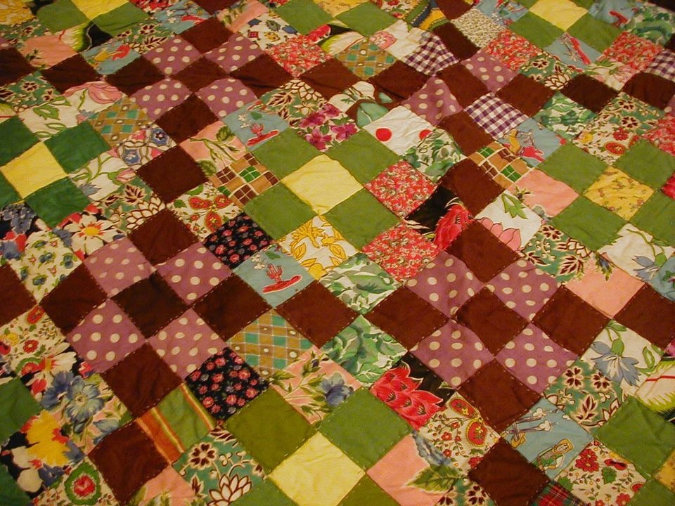 Vintage Handsewn Quilt, Yellow and Earth Tones