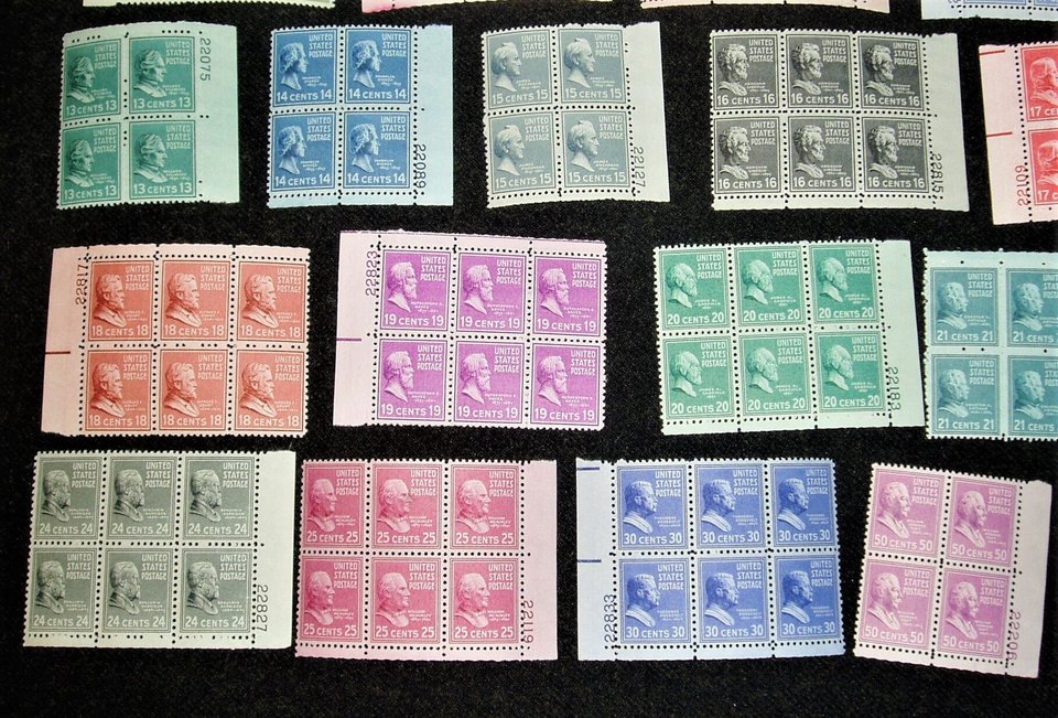 Postage Stamps, Plate Blocks Presidential Series, 1938, Scott Catalog #803-832, Add. Stamps Ship Free