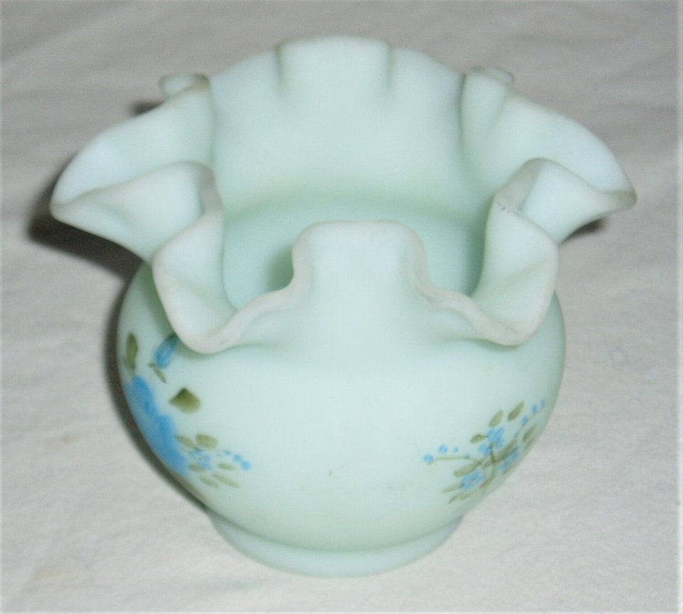 Fenton Rose Bowl, Blue Roses on Blue Satin Glass, 1978-83