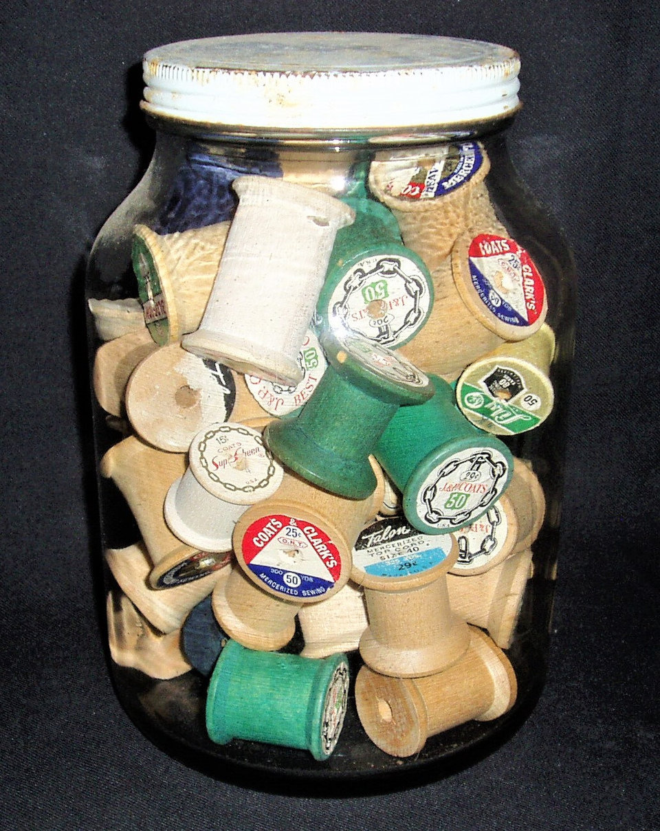 Vintage Glass Jar of Spools, Gallon Size, Metal Lid