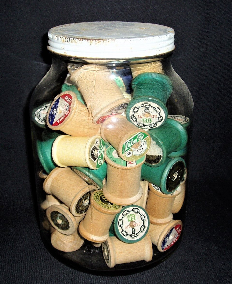 Vintage Glass Jar of Spools, Gallon Size, Metal Lid