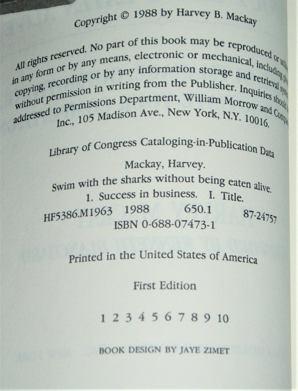 First Edition Book, Swim With The Sharks, Harvey Mackay, Business Strategy