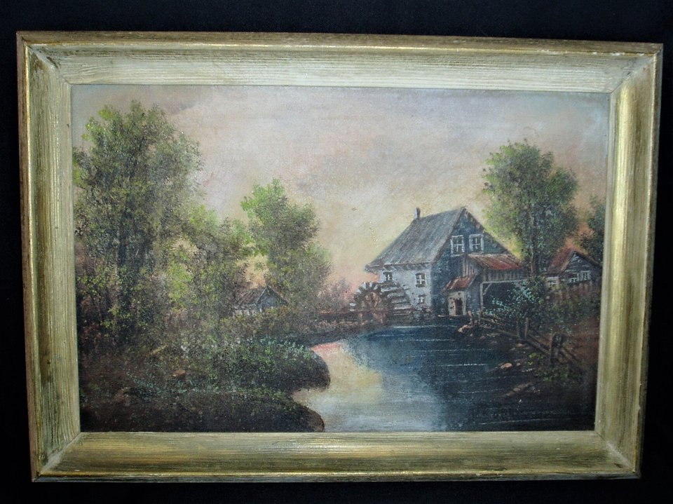 Antique Framed Painting, Old Mill, Signed