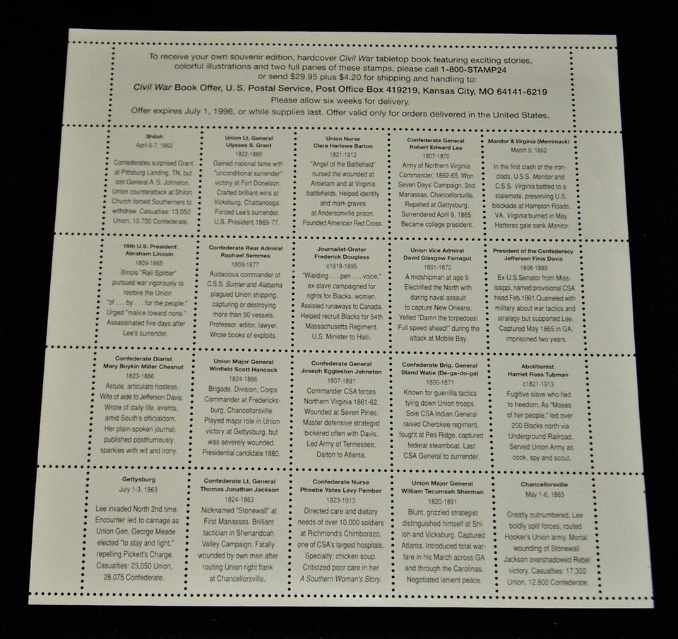 Civil War Commemorative Postage Stamps, Scott Catalog #2975, Complete Mint Sheet