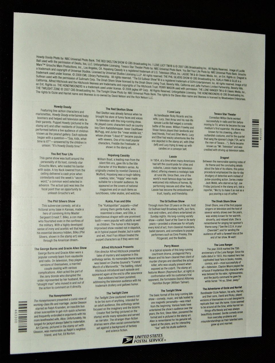Early TV Memories Commemorative Postage Stamps, Scott Catalog #4414, Complete Mint Sheet