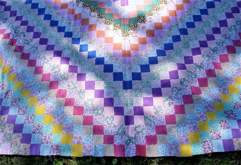 Antique Postage Stamp Quilt Top, Hand-Stitched, Handsewn, Around the World