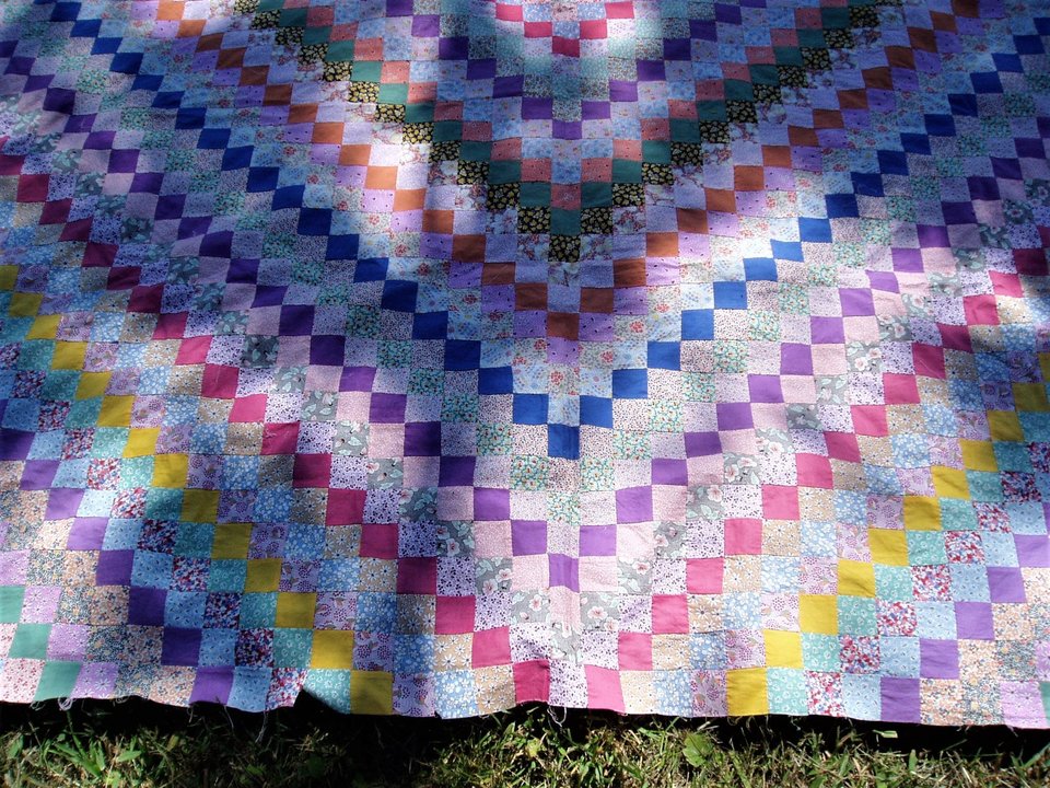 Antique Postage Stamp Quilt Top, Hand-Stitched, Handsewn, Around the World
