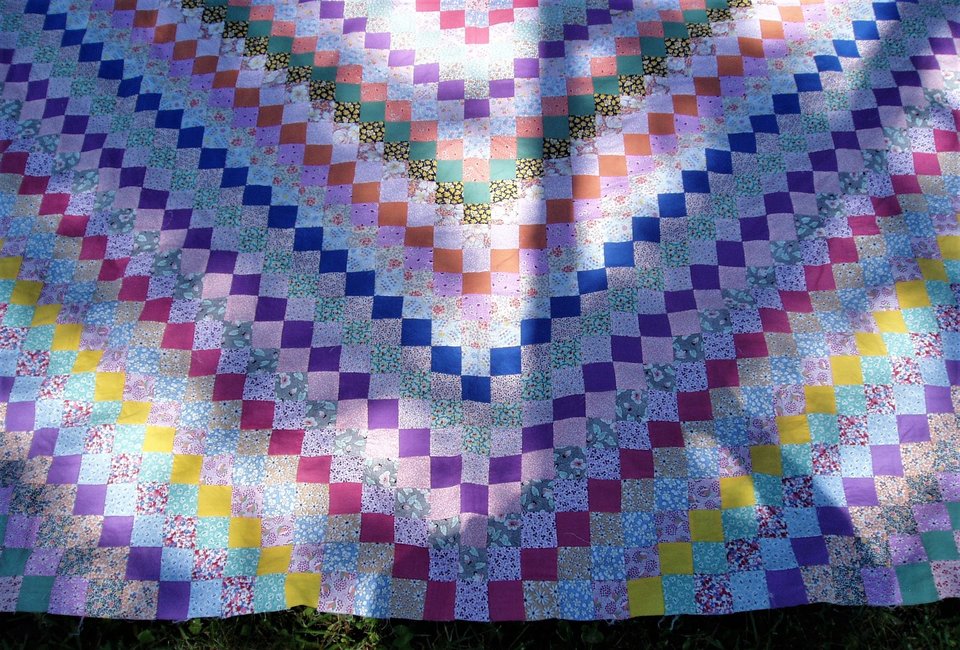 Antique Postage Stamp Quilt Top, Hand-Stitched, Handsewn, Around the World