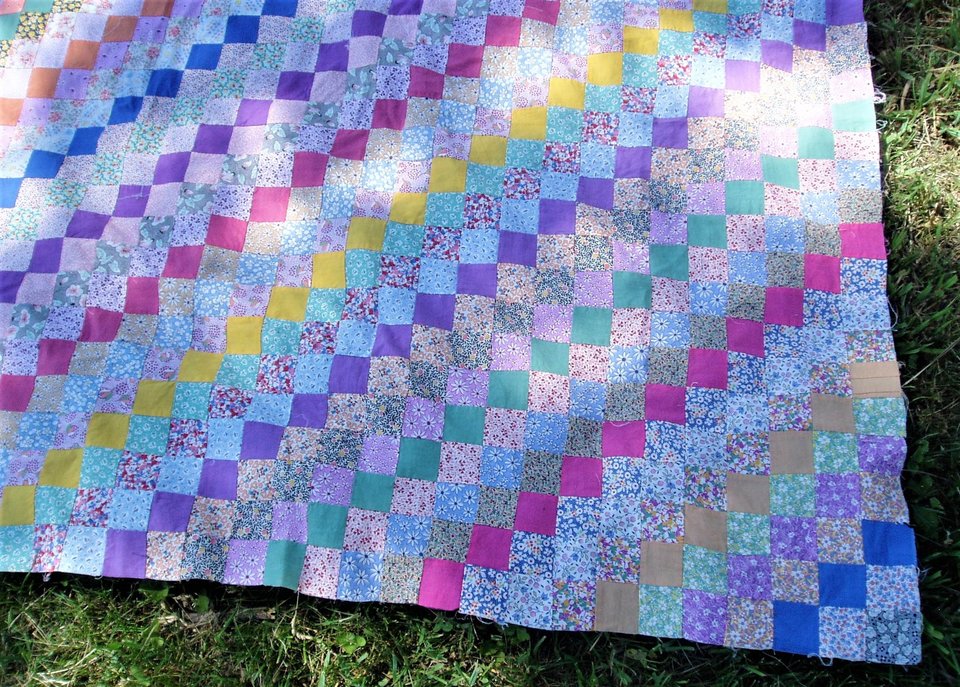 Antique Postage Stamp Quilt Top, Hand-Stitched, Handsewn, Around the World