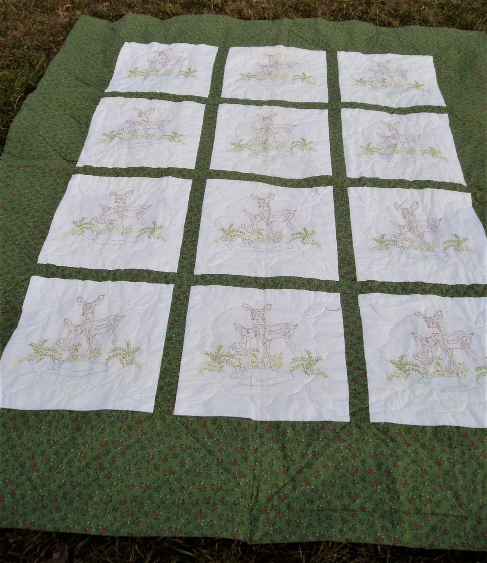 Vintage Quilt Handsewn Handstitched, Embroidered Doe/Fawn Panels