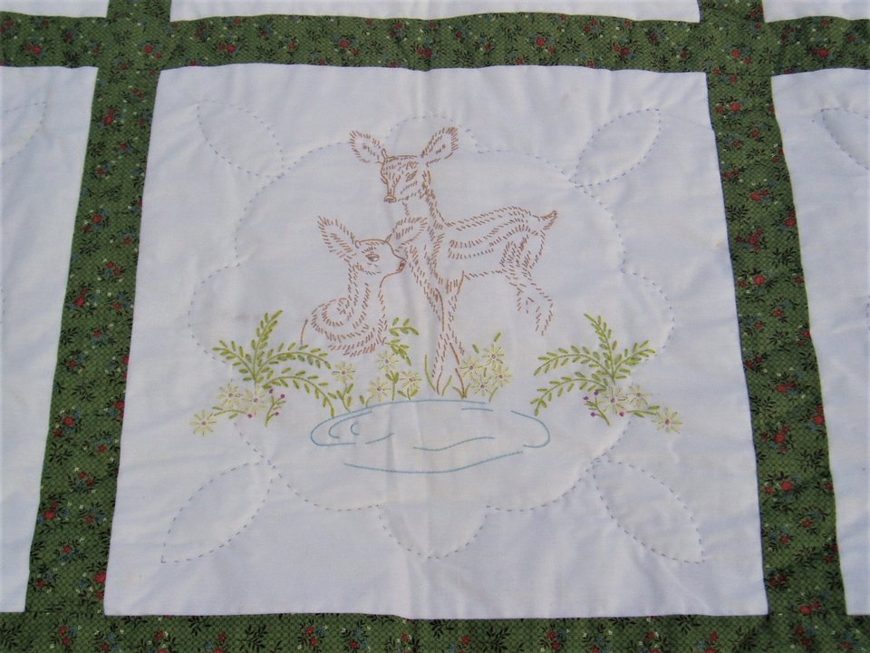 Vintage Quilt Handsewn Handstitched, Embroidered Doe/Fawn Panels