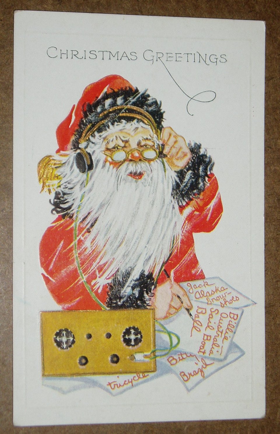 Postcard, Santa with Earphones, Writing Lists