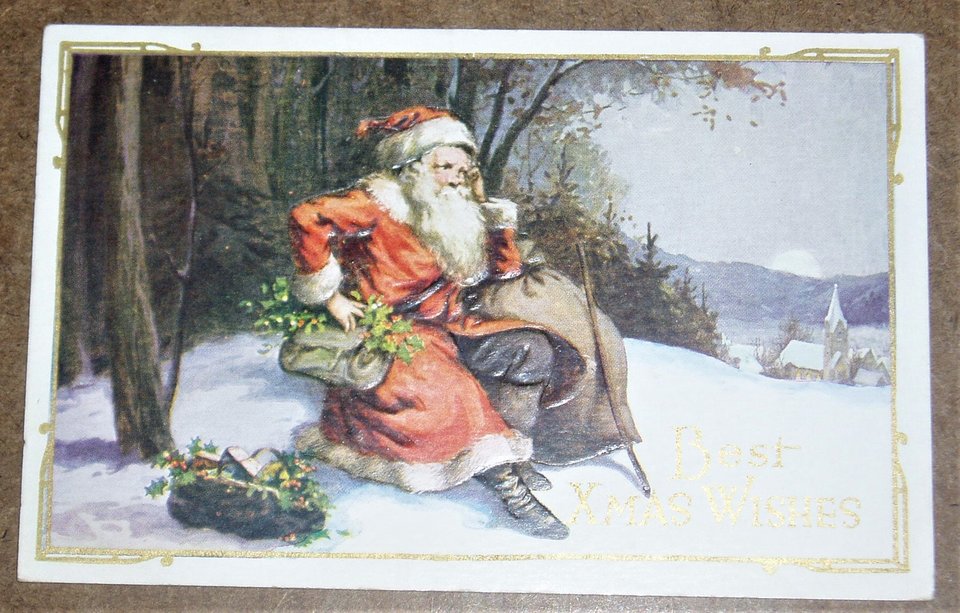 Postcard, Santa Sitting by Edge of Woods