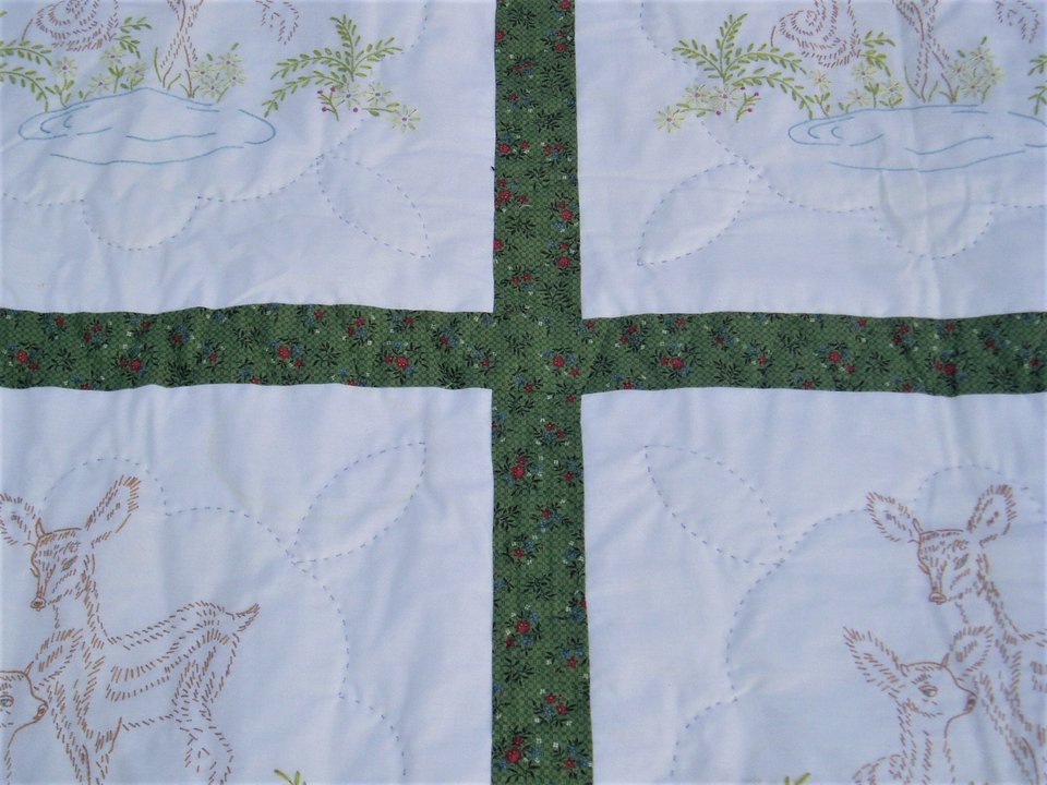 Vintage Quilt Handsewn Handstitched, Embroidered Doe/Fawn Panels